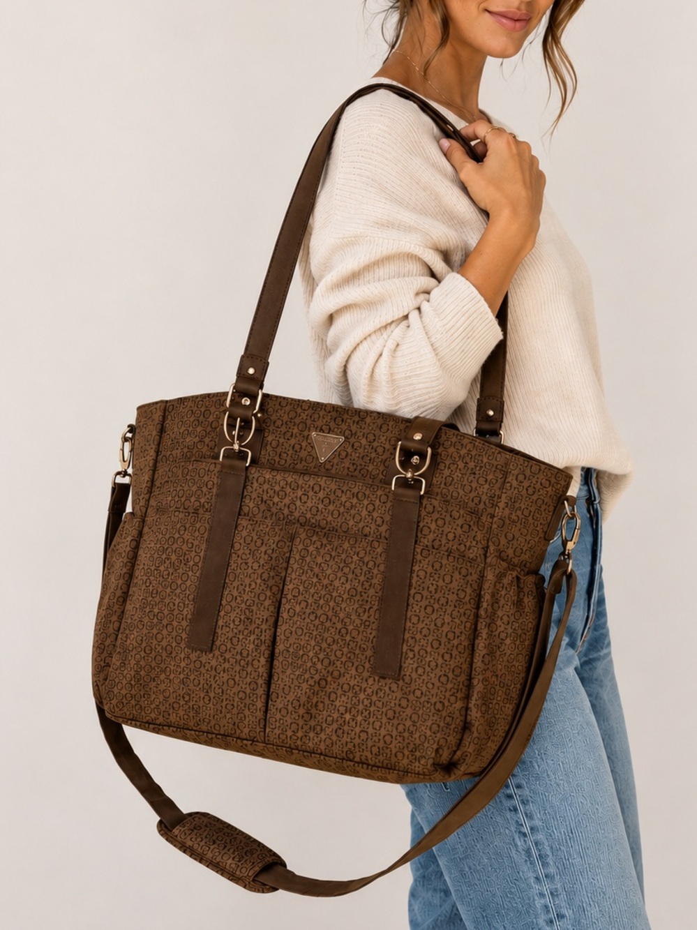 GUESS Brown Monogram Diaper Travel Tote Bag Large Multi Pocket Purse
